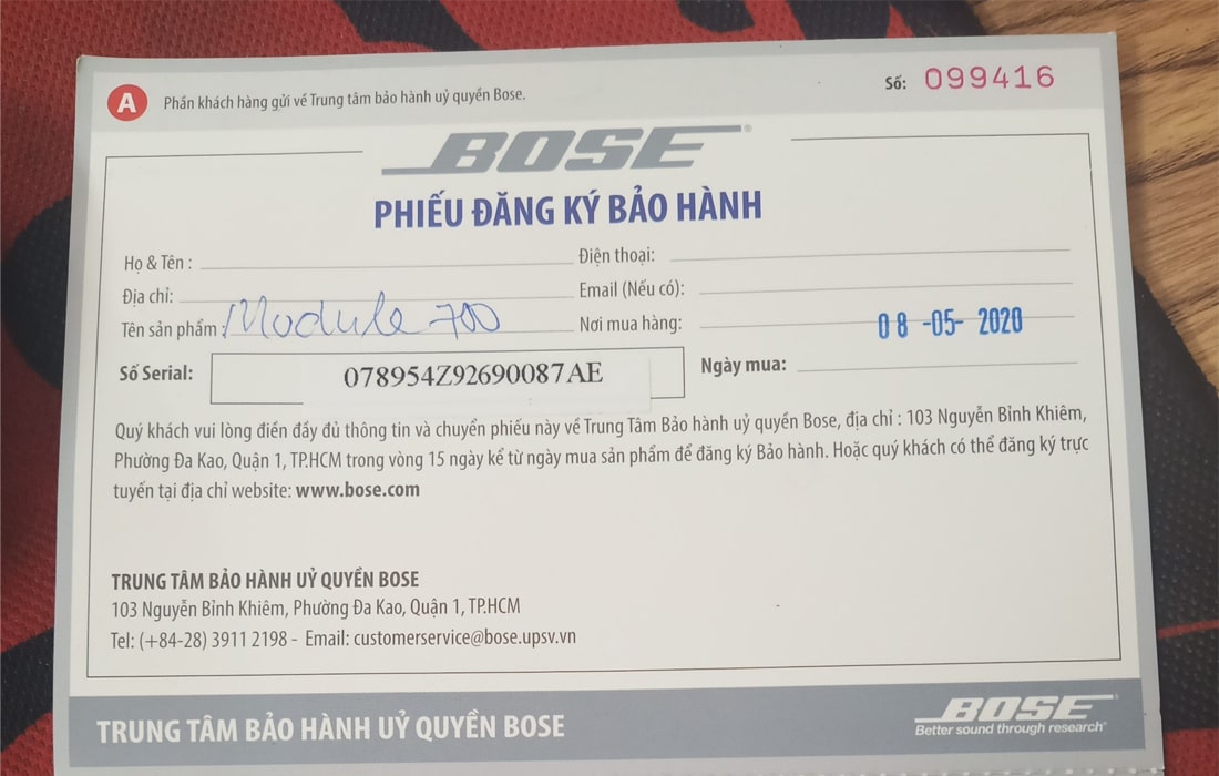 Phiếu bảo hành Bose